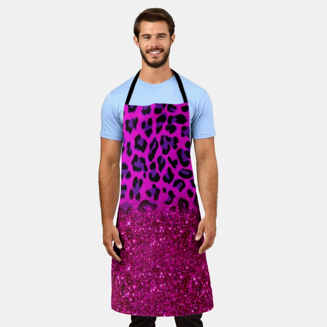 Fashion Modern Pink Purple Glitter Leopard Apron (Worn)