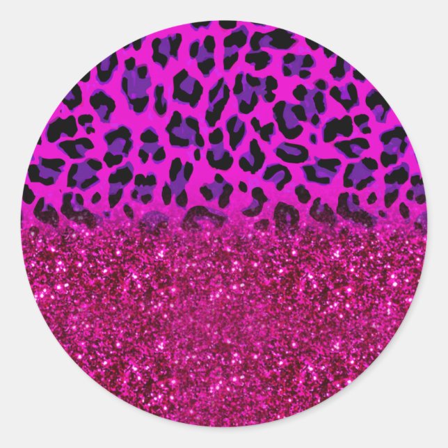 Fashion Modern Pink Purple Glitter Leopard Classic Round Sticker (Front)