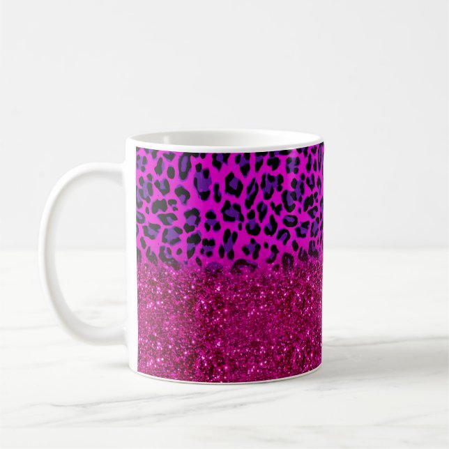 Fashion Modern Pink Purple Glitter Leopard Coffee Mug (Left)