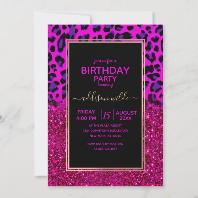 Fashion Modern Pink Purple Glitter Leopard.        Invitation (Front)