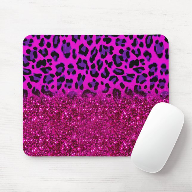Fashion Modern Pink Purple Glitter Leopard Mouse Mat (With Mouse)