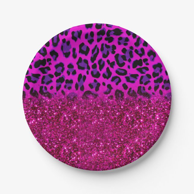 Fashion Modern Pink Purple Glitter Leopard Paper Plate (Front)