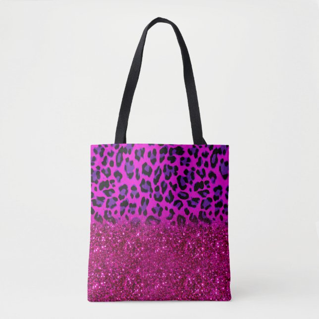 Fashion Modern Pink Purple Glitter Leopard Tote Bag (Front)