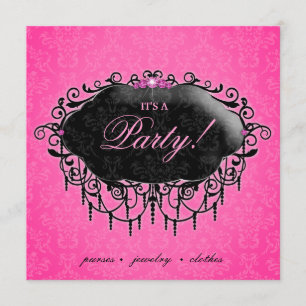 Fashion Party Elegant Damask Pink Black Invitation