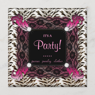 Fashion Party Zebra Lace Invite Pink Square