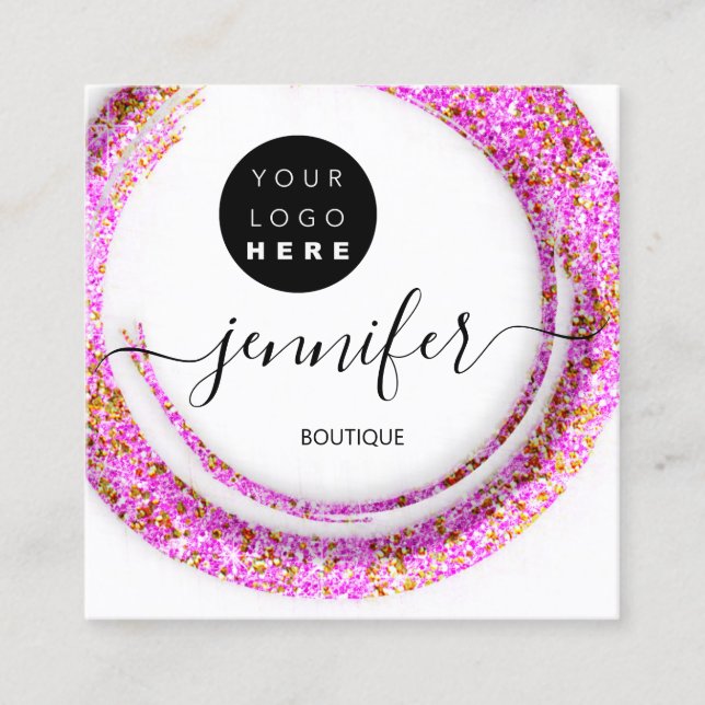 Fashion Pink Floral Boutique Logo Gold Square Business Card (Front)