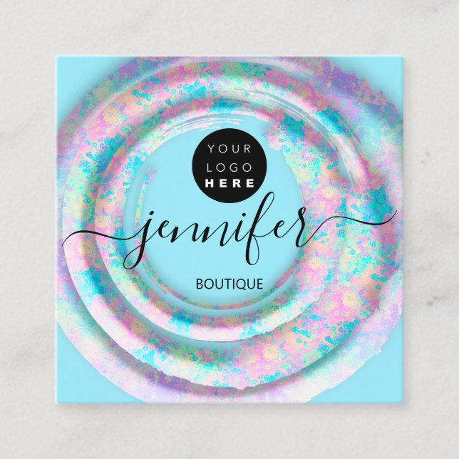 Fashion Pink Floral Boutique Logo Pastel Blue Square Business Card (Front)