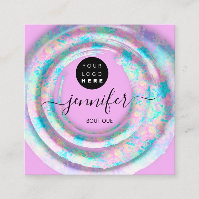 Fashion Pink Floral Boutique Logo Pastel Holograph Square Business Card (Front)