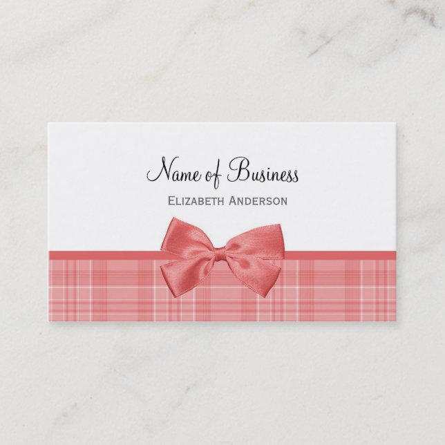 Fashion Plaid Pattern With Cayenne Pink Bow Business Card (Front)