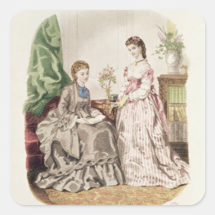 Fashion plate showing ballgowns square sticker