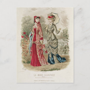 Fashion plate showing hats and dresses postcard