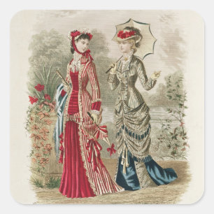 Fashion plate showing hats and dresses square sticker