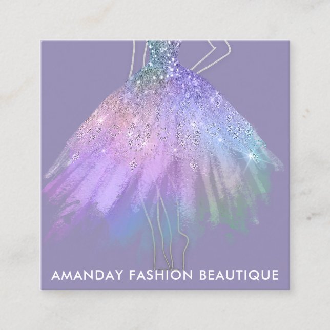Fashion Purle Glitter Dress Logo QR Stylist  Square Business Card (Front)