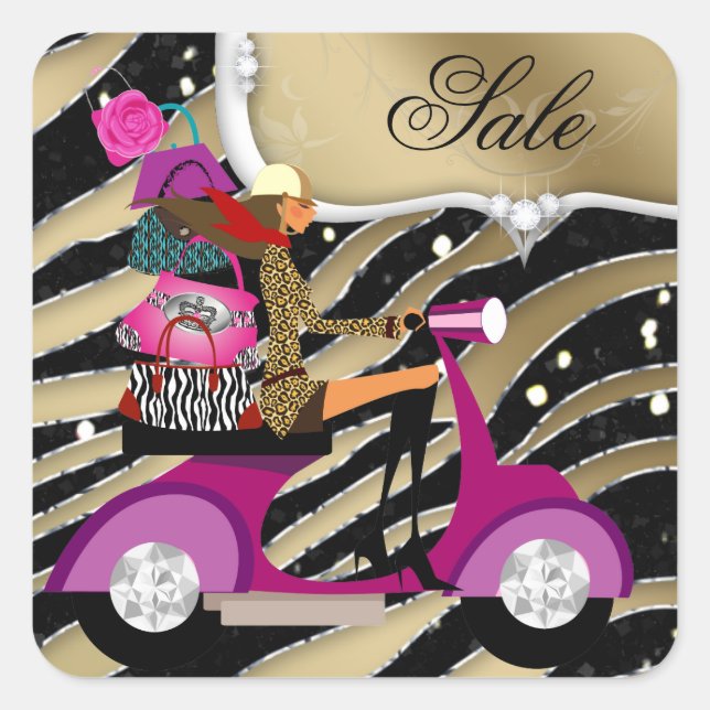 Fashion Purse Jewellery Zebra Scooter Girl Black Square Sticker (Front)