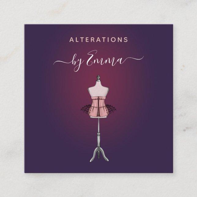 Fashion Rose Gold Mannequin Burgundy Seamstress Square Business Card (Front)