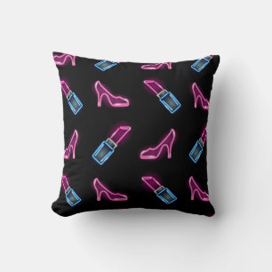 Fashion seamless pattern with neon icons of lipsti cushion