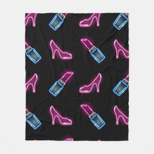Fashion seamless pattern with neon icons of lipsti fleece blanket