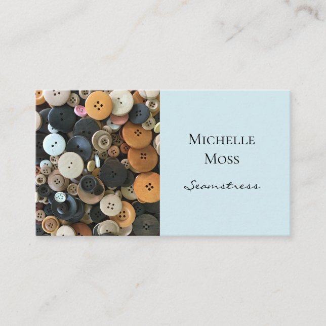 Fashion Seamstress Buttons Blue Business Card (Front)
