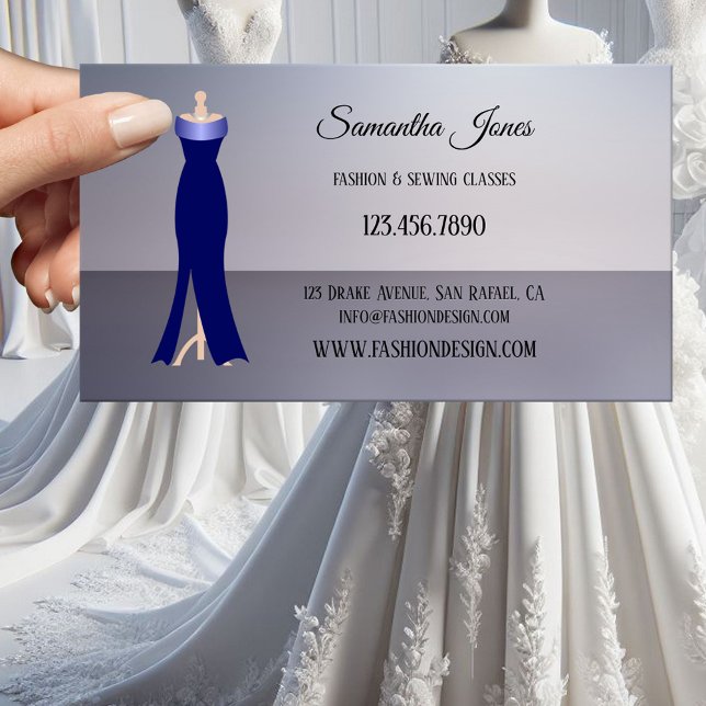 Fashion Sewing or Boutique Business Card (Seamstress, dressmaker or fashion boutique business card featuring an elegant dress on chic grey)