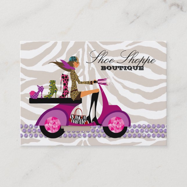 Fashion Shoes Jewellery Zebra Purple Peacock Business Card (Front)