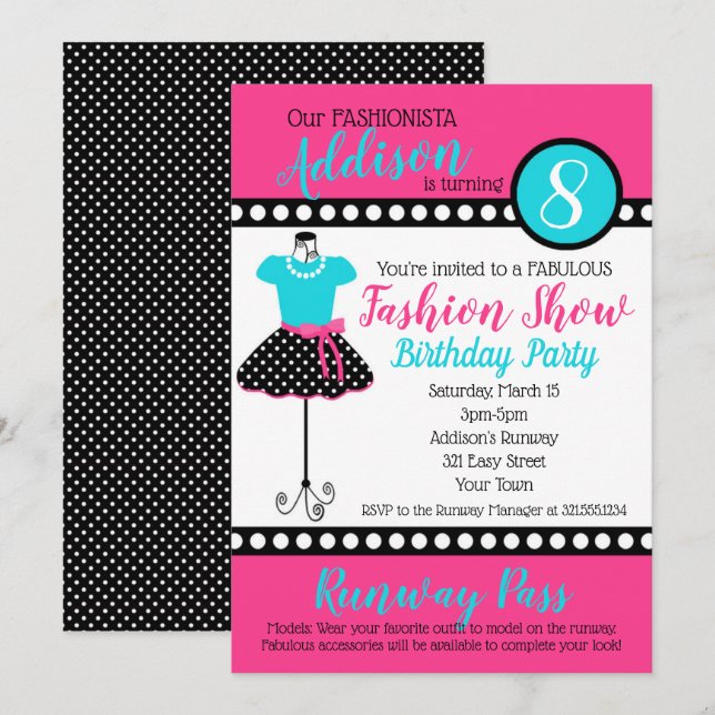 Fashion Show Birthday Party Invitation (Front/Back)