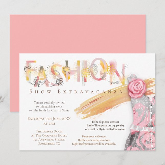 Fashion Show Event Arty Typography Pink Gold Invitation (Front/Back)