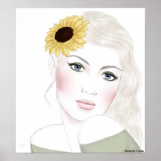 Fashion Sketch - Sunflowers in her Hair Poster