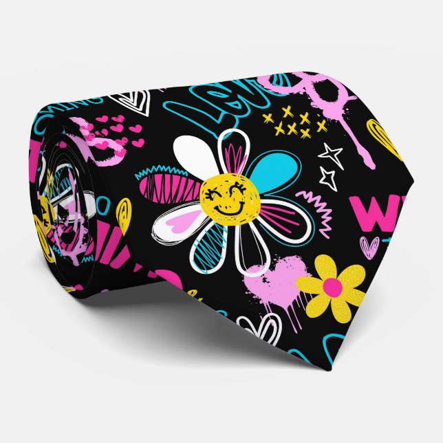 Fashion Smiley Flower Graffiti Pattern Tie (Rolled)