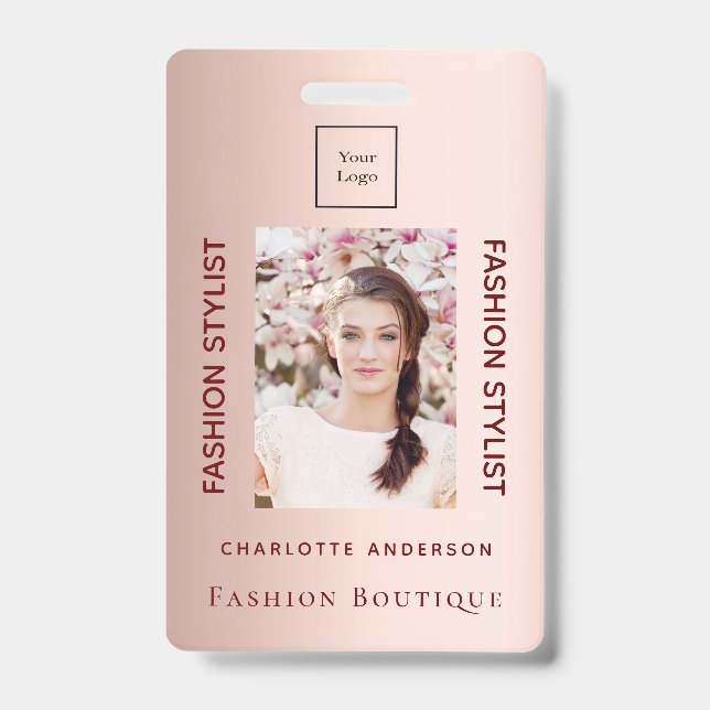 Fashion store employee photo rose gold luxurious ID badge (Front)