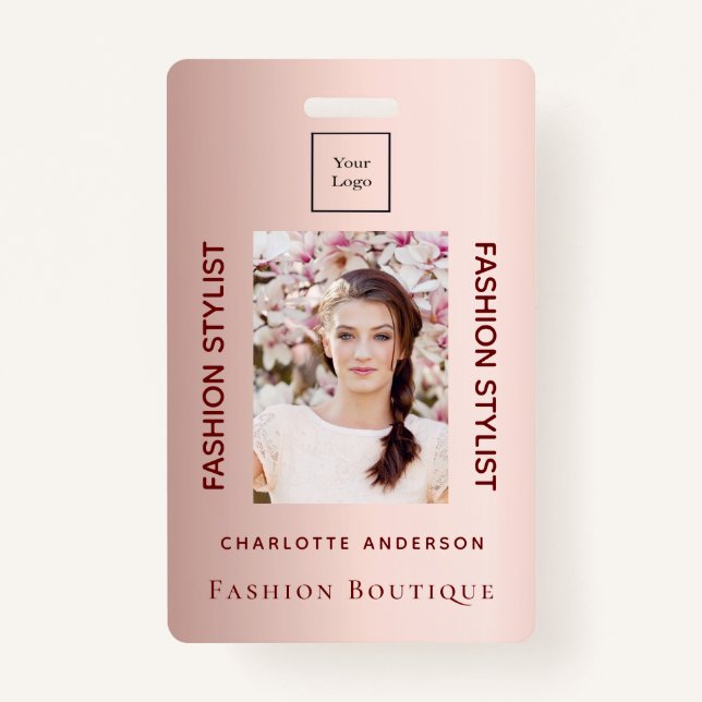 Fashion store employee photo rose gold luxurious ID badge (Front)