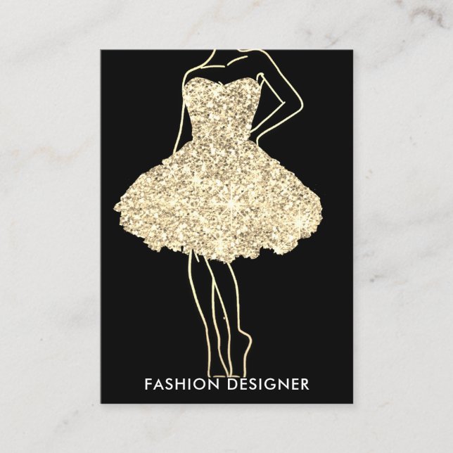 Fashion Stylist Dress Gold Glitter Logo QR Custom Business Card (Front)