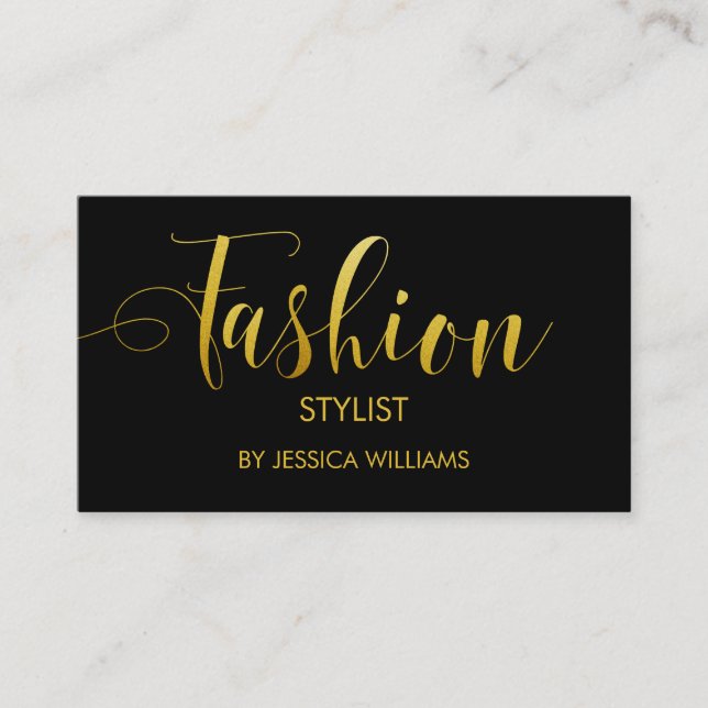 Fashion Stylist Gold Script Elegant Black Business Card (Front)