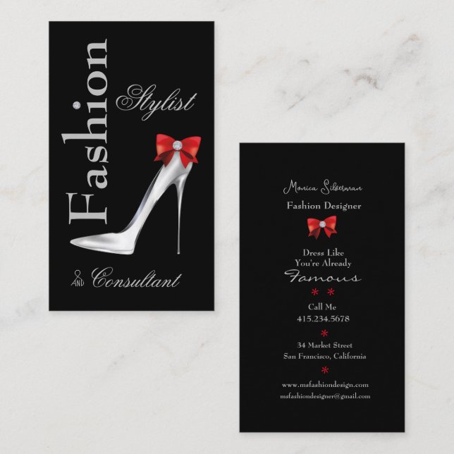 Fashion Stylist Silver Stiletto with Red Bow Business Card (Front/Back)