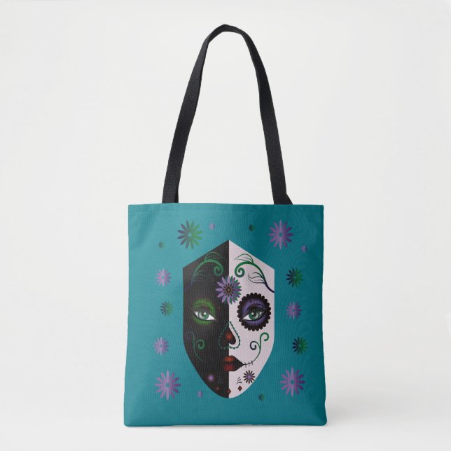 Fashion Teal Girl Skull Face Tote Purse or Bag (Front)