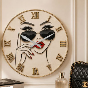 Fashion Woman Sunglasses Red Lips Gold Large Clock