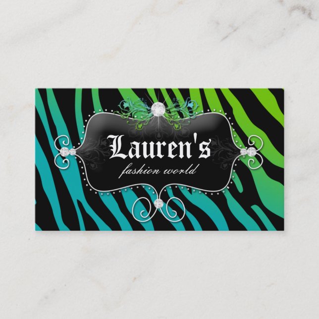 Fashion Zebra Jewellery Modern Blue Green Business Card (Front)