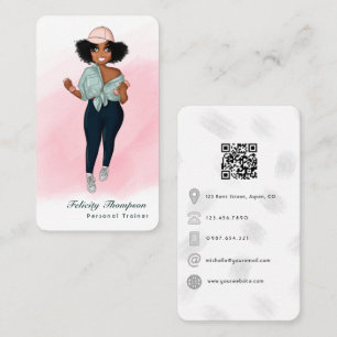Fashionable Afro Fitness Instructor Girl QR Code Business Card