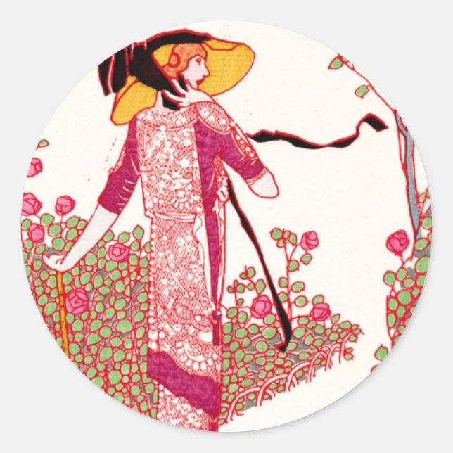 Fashionable Art Deco Lady in a Rose Garden Classic Round Sticker (Front)