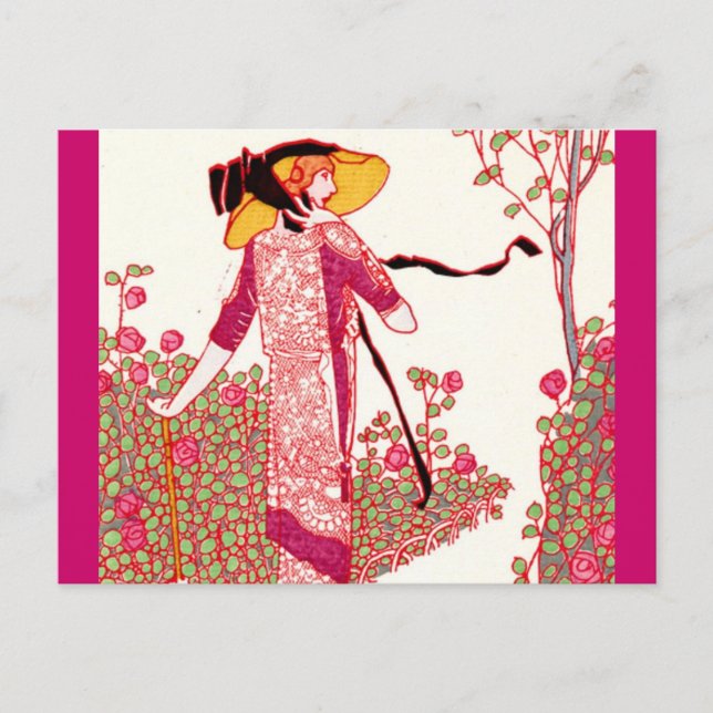 Fashionable Art Deco Lady in a Rose Garden Postcard (Front)
