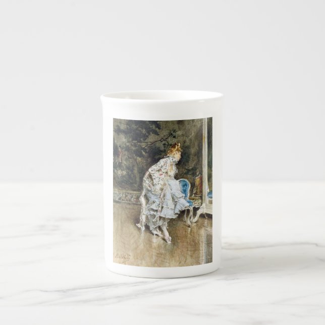 Fashionable Beauty Admiring Herself in the Mirror Bone China Mug (Front)