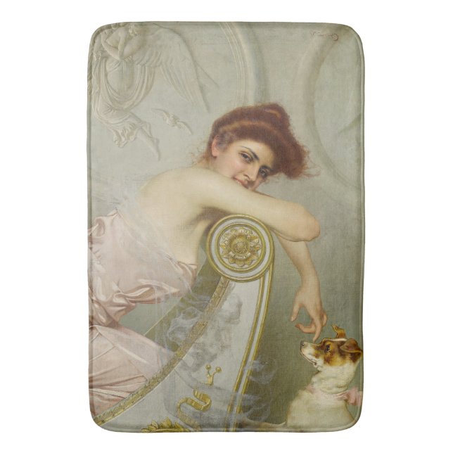 Fashionable Beauty Playing With Her Puppy Dog  Bath Mat (Front Vertical)