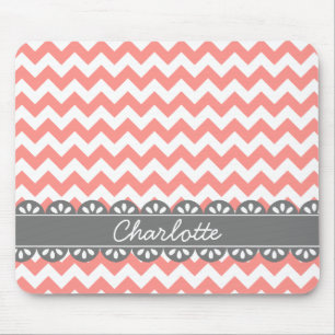 Fashionable Coral Chevron and Grey Lace Mouse Mat