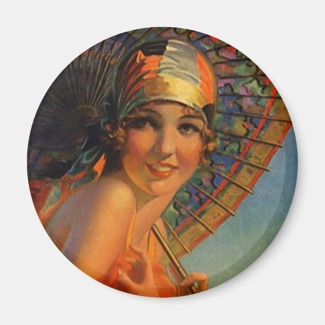 Fashionable Flapper Girl w/ Parasol & Cloche Magnet (Front)