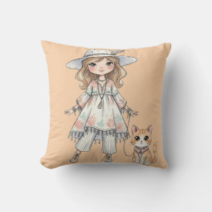 Fashionable girl strolling with her cat cushion