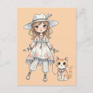 Fashionable girl strolling with her cat postcard