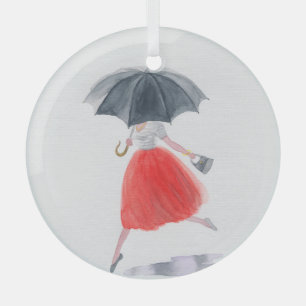 Fashionable Girl: Umbrella Rain Illustration Glass Tree Decoration