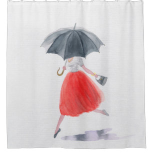 Fashionable Girl: Umbrella Rain Illustration Shower Curtain