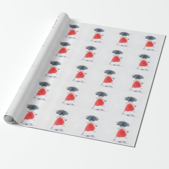 Fashionable Girl: Umbrella Rain Illustration Wrapping Paper (Unrolled)