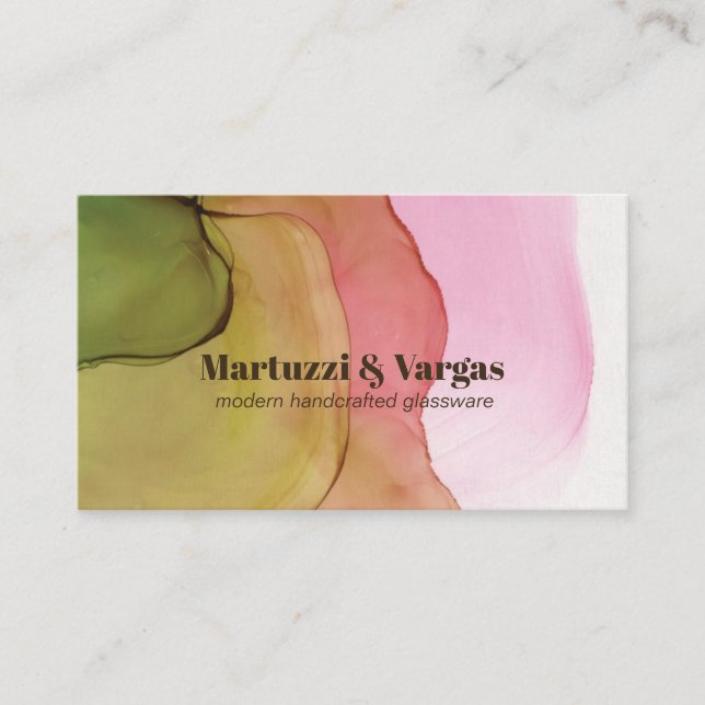 Fashionable Green Pink & Amber Alcohol Ink Art Business Card (Front)