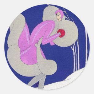 Fashionable lady in winter classic round sticker